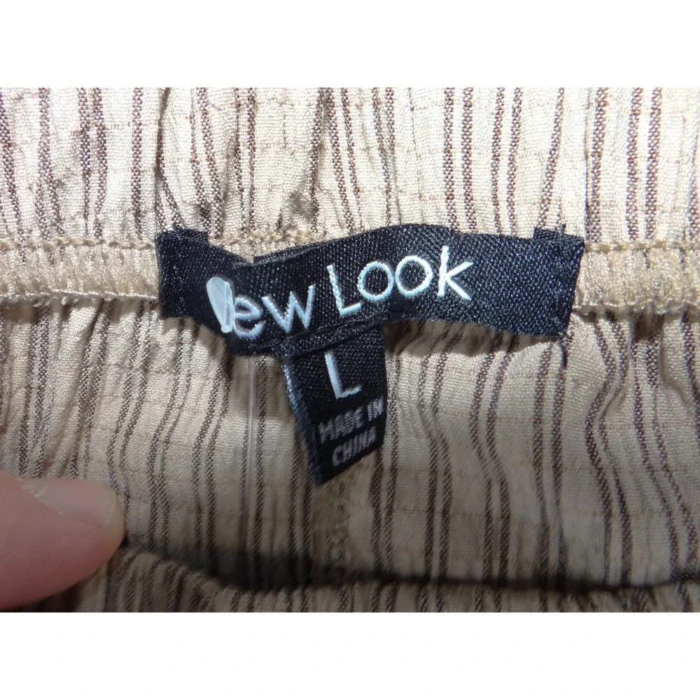 New Look Womens Wide Leg Pinstripe Pants Tan Brown Elastic Waist Size L 3984